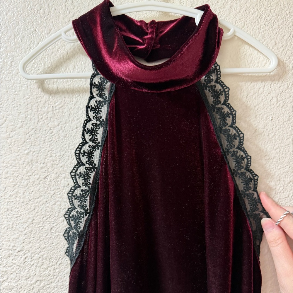 Velvet Open Back Lace Trim Mini Dress